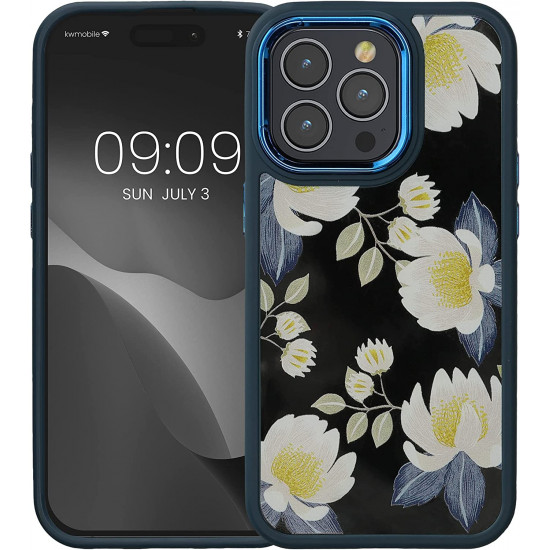KW iPhone 14 Pro Σκληρή Θήκη με Πλαίσιο Σιλικόνης - Design White Blossoms - Yellow / Dark Blue / White - Διάφανη - 60468.02