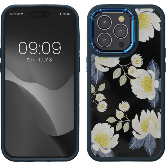 KW iPhone 14 Pro Σκληρή Θήκη με Πλαίσιο Σιλικόνης - Design White Blossoms - Yellow / Dark Blue / White - Διάφανη - 60468.02