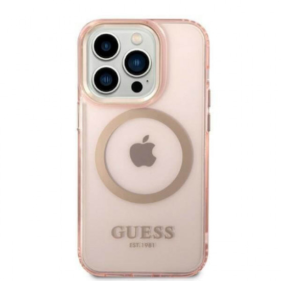 Guess iPhone 14 Pro Gold Outline Translucent MagSafe Σκληρή Θήκη με Πλαίσιο Σιλικόνης και MagSafe - Pink - GUHMP14LHTCMP