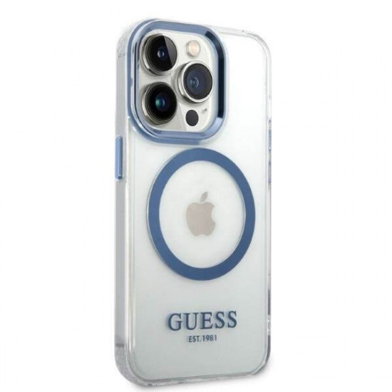 Guess iPhone 14 Pro Max Metal Outline MagSafe Σκληρή Θήκη με Πλαίσιο Σιλικόνης και MagSafe - Blue / Clear - GUHMP14XHTRMB