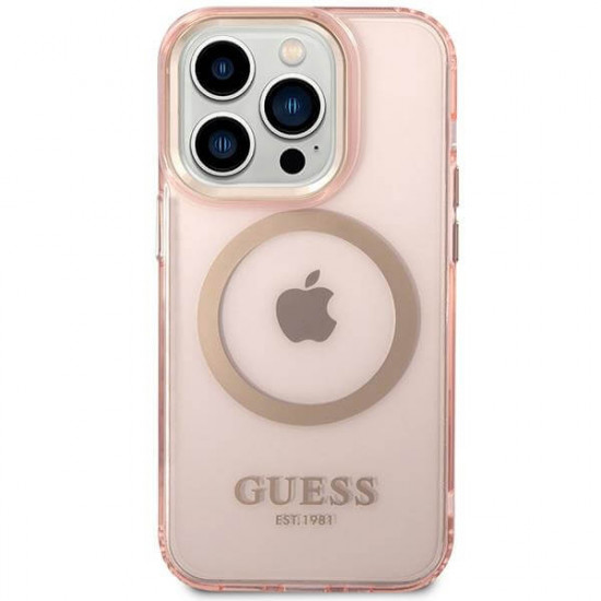 Guess iPhone 14 Pro Max Gold Outline Translucent MagSafe Σκληρή Θήκη με Πλαίσιο Σιλικόνης και MagSafe - Pink - GUHMP14XHTCMP
