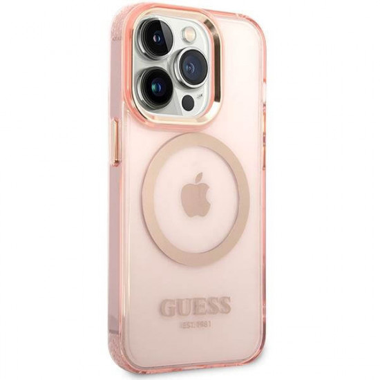 Guess iPhone 14 Pro Max Gold Outline Translucent MagSafe Σκληρή Θήκη με Πλαίσιο Σιλικόνης και MagSafe - Pink - GUHMP14XHTCMP