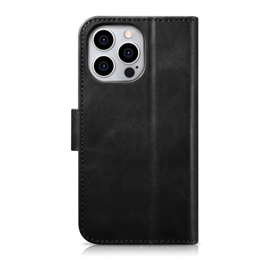 iCarer iPhone 14 Pro Anti-RFID 2in1 Oil Wax Θήκη Πορτοφόλι Stand από Γνήσιο Δέρμα - Black