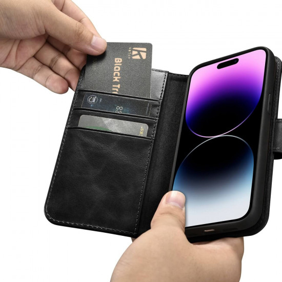 iCarer iPhone 14 Pro Anti-RFID 2in1 Oil Wax Θήκη Πορτοφόλι Stand από Γνήσιο Δέρμα - Black