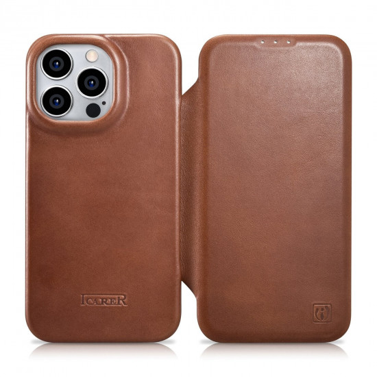 iCarer iPhone 14 Pro Max Leather Folio Oil Wax Θήκη Βιβλίο από Γνήσιο Δέρμα με MagSafe - Brown