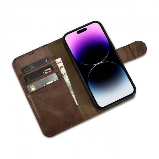 iCarer iPhone 14 Pro Max Anti-RFID 2in1 Oil Wax Θήκη Πορτοφόλι Stand από Γνήσιο Δέρμα - Dark Brown