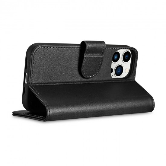 iCarer iPhone 14 Pro Max Anti-RFID 2in1 Θήκη Πορτοφόλι Stand από Γνήσιο Δέρμα - Black