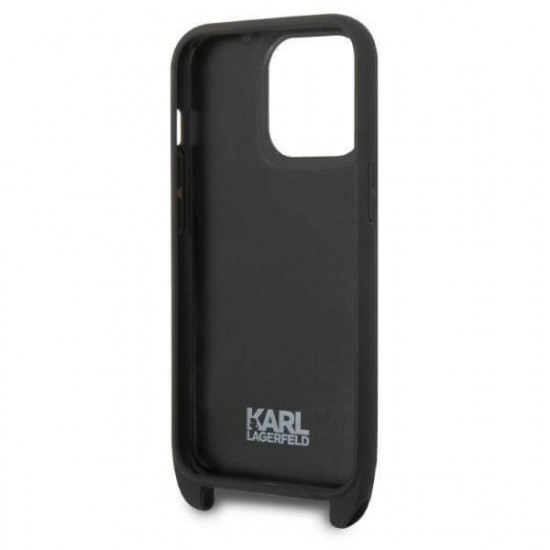 Karl Lagerfeld iPhone 14 Pro - Monogram Ikonik Patch Σκληρή Θήκη με Λουράκι - Black - KLHCP14LSTKMK