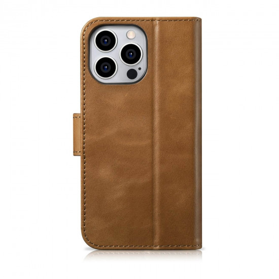 iCarer iPhone 14 Pro Anti-RFID 2in1 Oil Wax Θήκη Πορτοφόλι Stand από Γνήσιο Δέρμα - Brown