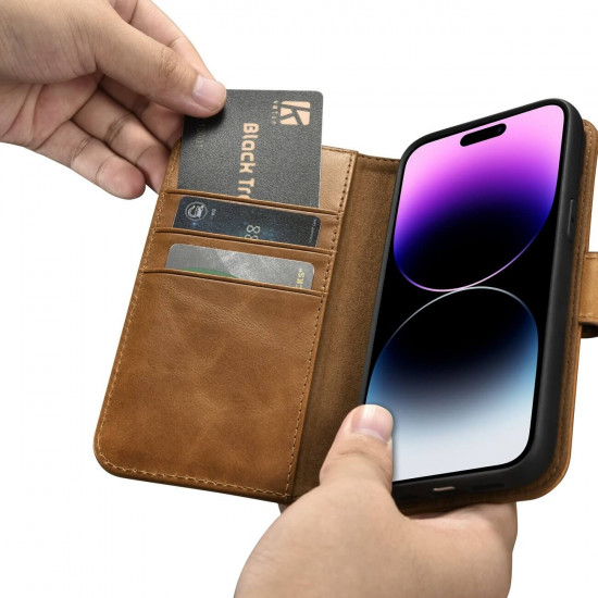 iCarer iPhone 14 Pro Anti-RFID 2in1 Oil Wax Θήκη Πορτοφόλι Stand από Γνήσιο Δέρμα - Brown