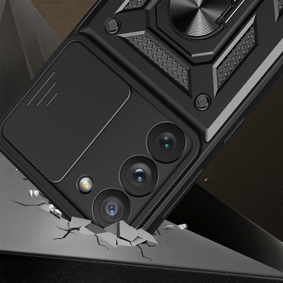 OEM Samsung Galaxy A14 5G Hybrid Armor Camshield Σκληρή Θήκη με Πλαίσιο Σιλικόνης και Δαχτυλίδι Συγκράτησης - Black