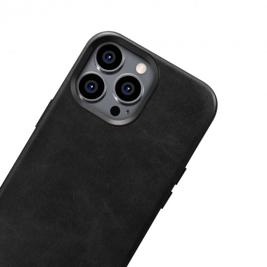 iCarer iPhone 14 Pro Max Leather Oil Wax Θήκη από Γνήσιο Δέρμα με MagSafe - Black
