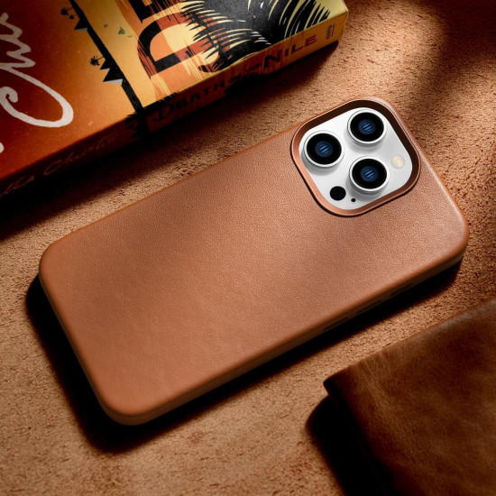iCarer iPhone 14 Pro Max Cowhide Leather Θήκη από Γνήσιο Δέρμα με MagSafe - Brown