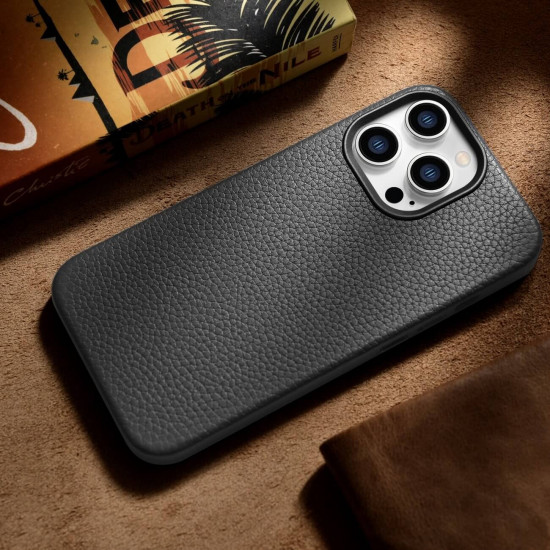 iCarer iPhone 14 Pro Max Litchi Leather Θήκη από Γνήσιο Δέρμα με MagSafe - Black