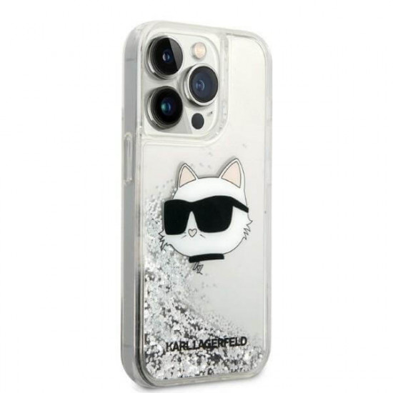 Karl Lagerfeld iPhone 14 Pro Max - Liquid Glitter Choupette's Head Σκληρή Θήκη με Πλαίσιο Σιλικόνης - Silver - KLHCP14XLNHCS