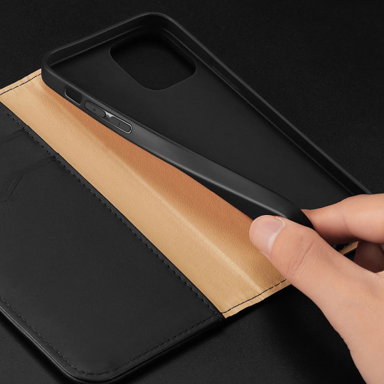 Dux Ducis iPhone 14 Pro Max Hivo Θήκη Πορτοφόλι Stand από Γνήσιο Δέρμα - Black