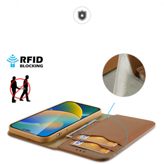 Dux Ducis iPhone 14 Pro Max Hivo Θήκη Πορτοφόλι Stand από Γνήσιο Δέρμα - Brown