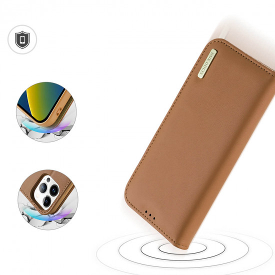 Dux Ducis iPhone 14 Pro Hivo Θήκη Πορτοφόλι Stand από Γνήσιο Δέρμα - Brown