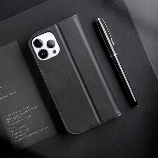 Dux Ducis iPhone 14 Pro Hivo Θήκη Πορτοφόλι Stand από Γνήσιο Δέρμα - Black