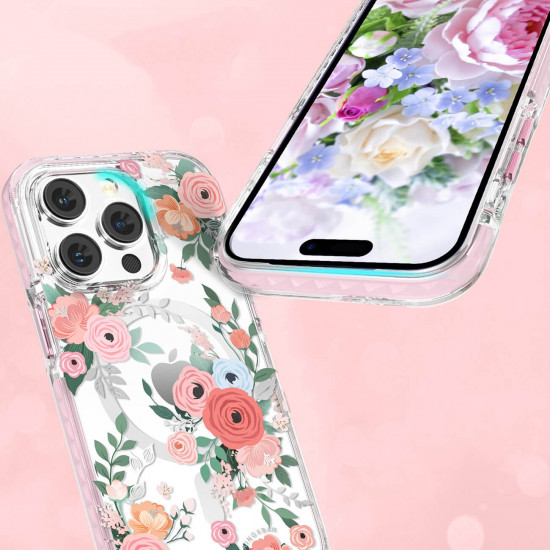 Kingxbar iPhone 14 Pro Flora Series Θήκη Σιλικόνης με MagSafe - Design Rose Flowers - Διάφανη / Multicolor