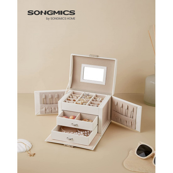 Songmics Φορητό Κουτί Αποθήκευσης Κοσμημάτων με Καθρέπτη και Κλειδαριά - White - JBC154W01