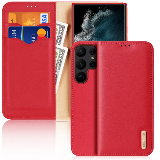 Dux Ducis Samsung Galaxy S23 Ultra Hivo Θήκη Πορτοφόλι Stand από Γνήσιο Δέρμα - Red