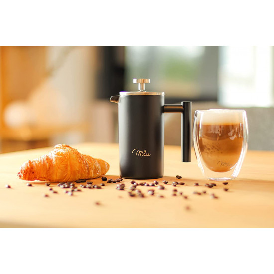 Milu French Press Coffee Maker Γαλλική Καφετιέρα από Ανοξείδωτο Ατσάλι - Πρέσα Καφέ - 600ml - Black - 5064‎