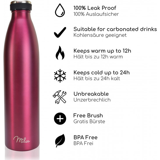 Milu T5 Stainless Steel Μπουκάλι Θερμός από Ανοξείδωτο Ατσάλι για Ζεστά και Κρύα Ροφήματα - 750ml - Berry Pink - 6475