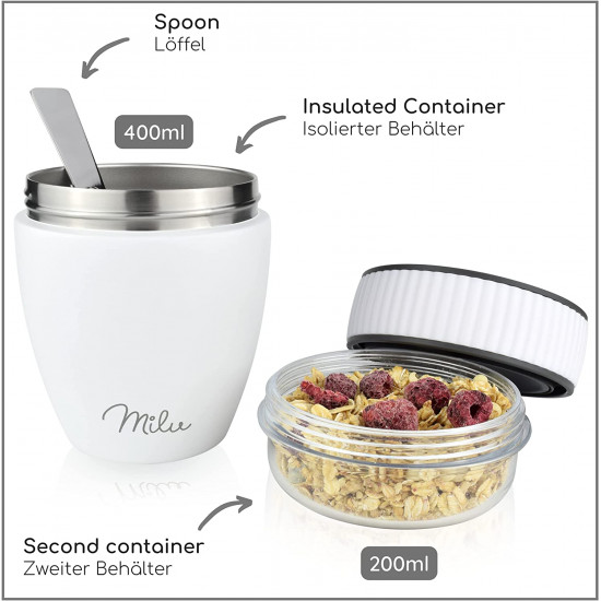 Milu SP Cereal Cup to Go Φορητό Δοχείο Φαγητού από Ανοξείδωτο Ατσάλι με Κουτάλι - 400ml - White - 2501‎