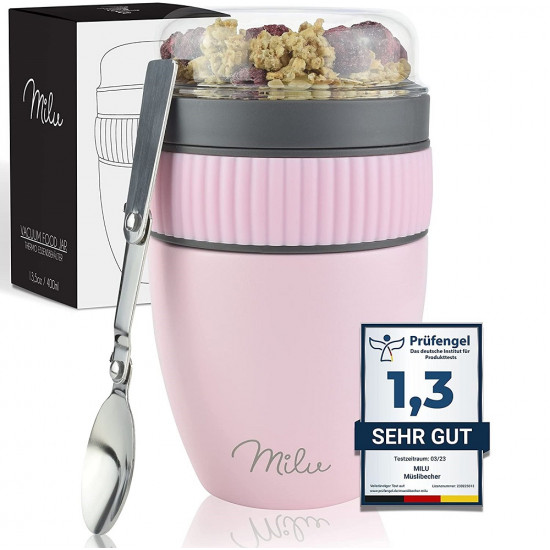 Milu SP Cereal Cup to Go Φορητό Δοχείο Φαγητού από Ανοξείδωτο Ατσάλι με Κουτάλι - 400ml - Pink - 2518