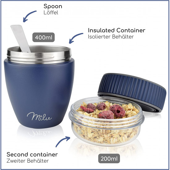 Milu SP Cereal Cup to Go Φορητό Δοχείο Φαγητού από Ανοξείδωτο Ατσάλι με Κουτάλι - 400ml - Blue - 2532