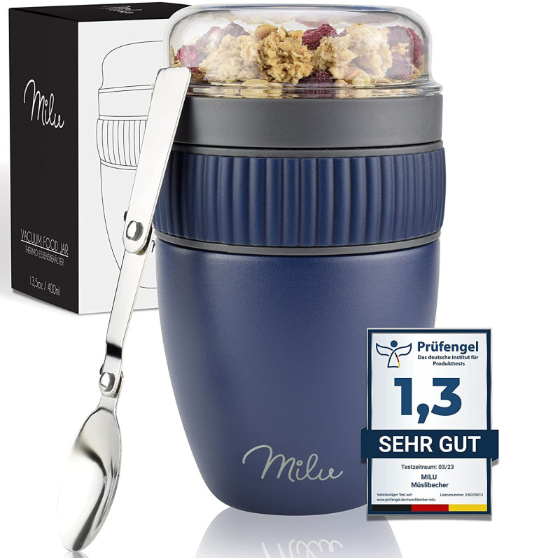 Milu SP Cereal Cup to Go Φορητό Δοχείο Φαγητού από Ανοξείδωτο Ατσάλι με Κουτάλι - 400ml - Blue - 2532