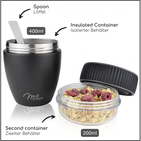 Milu SP Cereal Cup to Go Φορητό Δοχείο Φαγητού από Ανοξείδωτο Ατσάλι με Κουτάλι - 400ml - Black - 2495