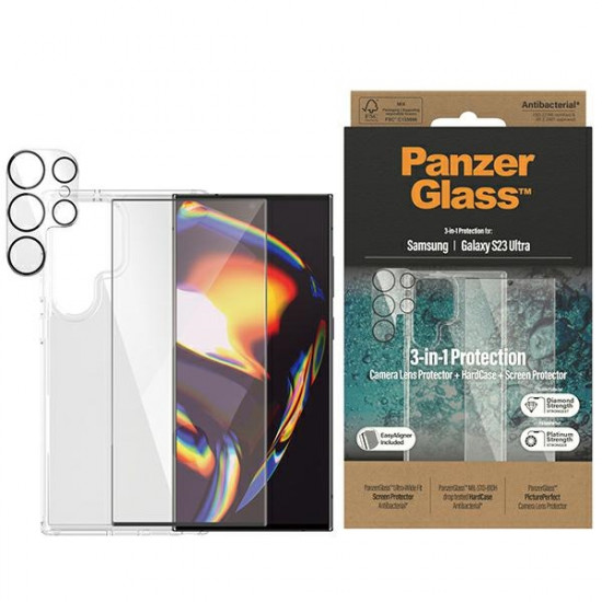 PanzerGlass Samsung Galaxy S23 Ultra - Σετ με 1 Αντιχαρακτικό Γυαλί Οθόνης Ultra-Wide Fit, 1 Αντιχαρακτικό Γυαλί για την Κάμερα και 1 Σκληρή Θήκη - Διάφανο