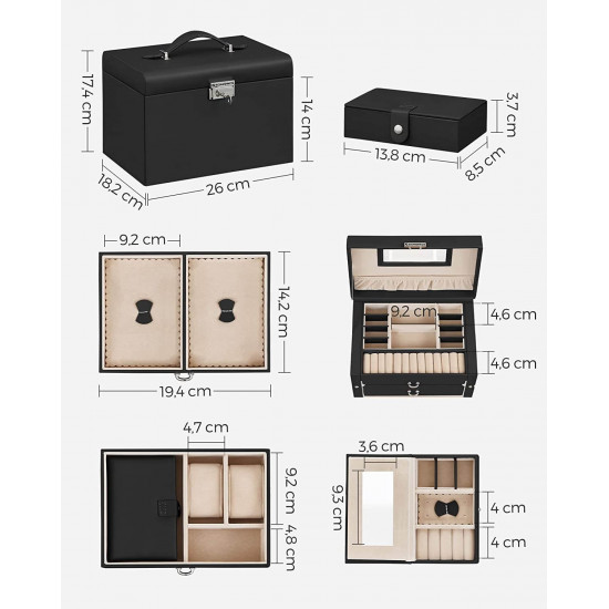 Songmics Φορητό Κουτί Αποθήκευσης Κοσμημάτων με Καθρέπτη και Κλειδαριά - Black - JBC121B