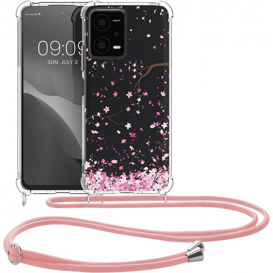 KW Xiaomi Redmi Note 12 5G / Xiaomi Poco X5 5G Θήκη Σιλικόνης TPU με Λουράκι Design Cherry Blossoms - Pink / Dark Brown / Διάφανη - 60892.01