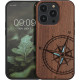 KW iPhone 14 Pro Θήκη από Φυσικό Ξύλο - Design Navigational Compass Mother of Pearl - Dark Brown - 59126.06