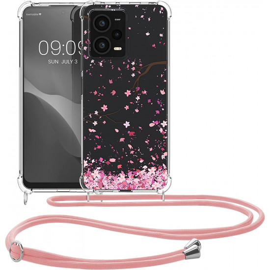 KW Xiaomi Redmi Note 12 Pro Θήκη Σιλικόνης TPU με Λουράκι - Design Cherry Blossoms - Pink / Dark Brown / Διάφανη - 60716.01