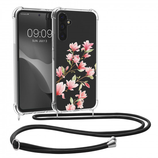 KW Samsung Galaxy A34 5G Θήκη Σιλικόνης TPU με Λουράκι Design Magnolias - Διάφανη / Light Pink / White - 61333.01