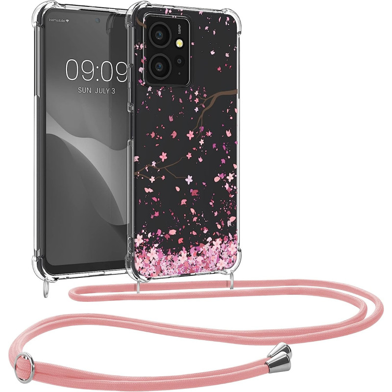 KW Xiaomi Redmi Note 12 4G Θήκη Σιλικόνης TPU με Λουράκι Design Cherry Petals - Pink / Dark Brown / Διάφανη - 61174.01