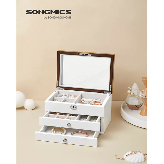 Songmics Ξύλινο Κουτί Αποθήκευσης Κοσμημάτων με 3 Επίπεδα - ‎24,5 x 17 x 14,5 cm - White / Natural - JOW15WNV1