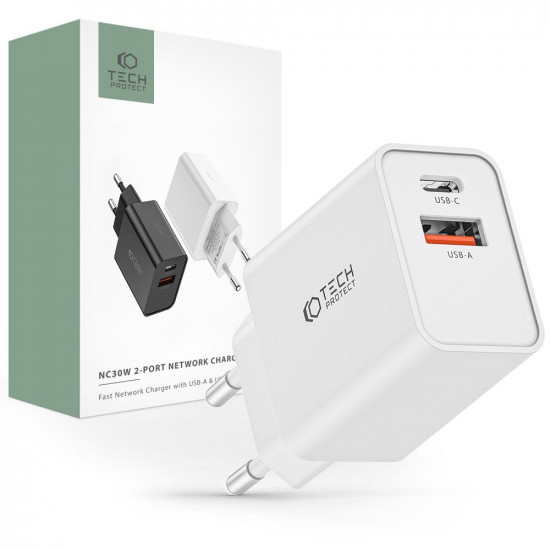 TECH-PROTECT NC30W QC3.0 Οικιακός Φορτιστής Γρήγορης Φόρτισης με 1 Θύρα Type C και 1 Θύρα USB - White