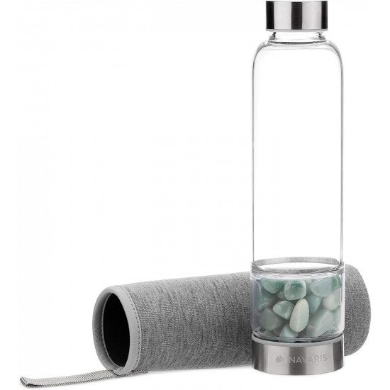 Navaris Γυάλινο Μπουκάλι Νερού με Πέτρες Αβεντουρίνης και Θήκη - BPA FREE - 420ml - Aventurine Stone - 53150.06