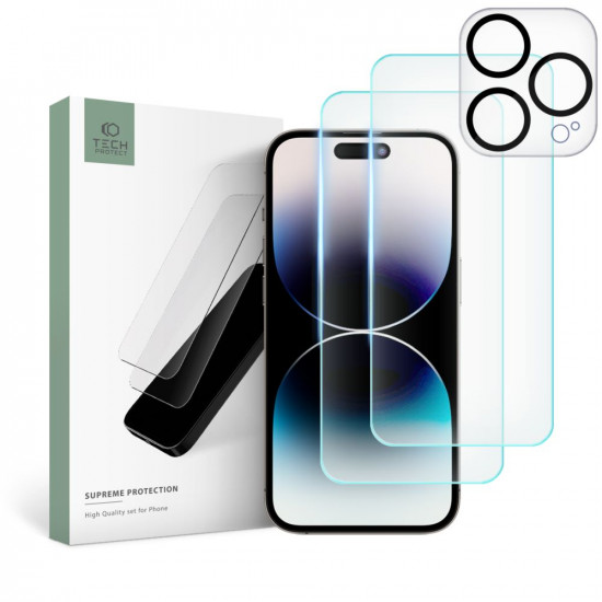 Tech-Protect iPhone 15 Pro Supreme Set - Σετ με 2 Tempered Glass Αντιχαρακτικά Γυαλιά Οθόνης και 1 Αντιχαρακτικό Γυαλί για την Κάμερα - Διάφανα