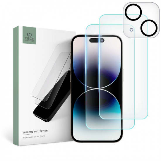 Tech-Protect iPhone 15 Supreme Set - Σετ με 2 Tempered Glass Αντιχαρακτικά Γυαλιά Οθόνης και 1 Αντιχαρακτικό Γυαλί για την Κάμερα - Διάφανα
