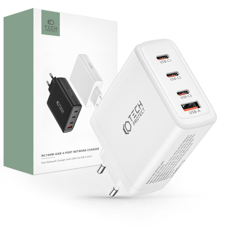 TECH-PROTECT NC100W-GAN 4 QC3.0 Οικιακός Φορτιστής Γρήγορης Φόρτισης με 3 Θύρες Type C και 1 Θύρα USB - White