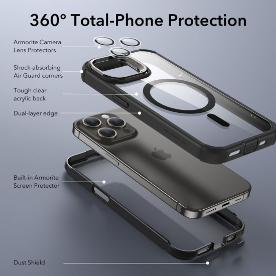 ESR iPhone 15 Pro Max Armor Tough Kickstand Halolock MagSafe Σκληρή Θήκη με Προστασία Οθόνης / Κάμερας και Stand - Διάφανη / Black