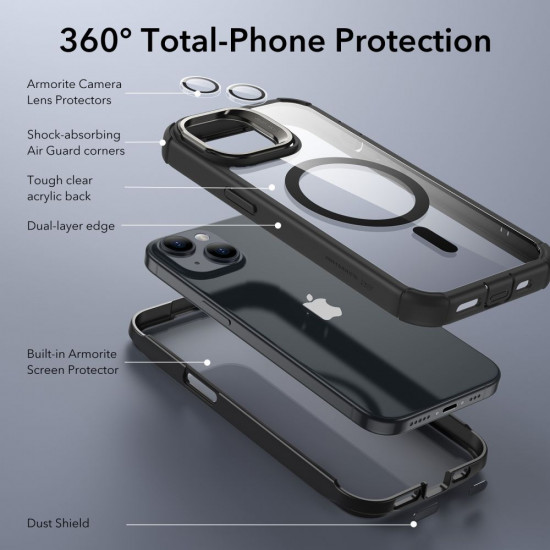 ESR iPhone 15 Armor Tough Kickstand Halolock MagSafe Σκληρή Θήκη με Προστασία Οθόνης / Κάμερας και Stand - Διάφανη / Black