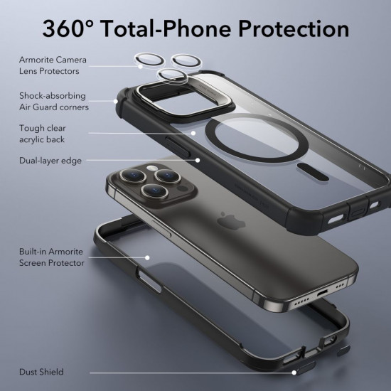 ESR iPhone 15 Pro Armor Tough Kickstand Halolock MagSafe Σκληρή Θήκη με Προστασία Οθόνης / Κάμερας και Stand - Διάφανη / Black