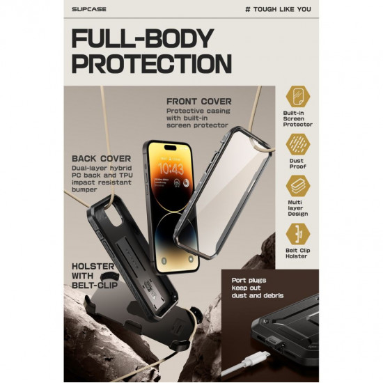 Supcase iPhone 15 Unicorn Beetle Pro Σκληρή Θήκη με Προστασία Οθόνης και Stand - Black